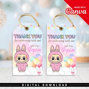 Labubu Thank You Tags, Editable Labubu Gift Tags, Labubu Monster Party Favor Tag, Cute Monster Thank You Tags, Labubu Party Favors, Canva