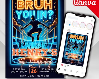 BRUH YOU IN? Trampoline Park Birthday Invitation Template, Editable Canva Design for Kids Party, Fun Jump, Custom Digital Download for Boys