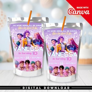 May include: Two clear juice pouches with orange straws. Each pouch features a graphic of a group of animated people and the text "VANESSA is turning 10" with the date and time. The text "DIGITAL DOWNLOAD" is at the bottom.