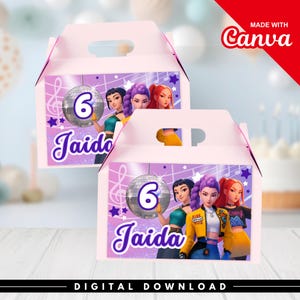 May include: Two pink party favor boxes with a design featuring a disco ball, musical notes, and cartoon characters. The boxes have the number 6 and the name "Jaida" printed on them. The text "DIGITAL DOWNLOAD" is at the bottom.