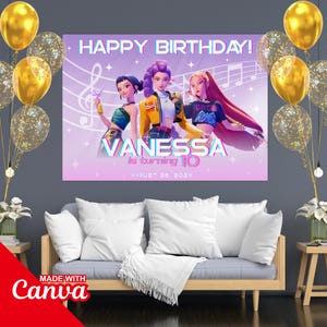 KPop Demon Hunter Birthday Banner, Kpop Anime Party Decor, Kpop Birthday Backdrop, Huntrix, Editable Canva, Printable Birthday Sign for Kids