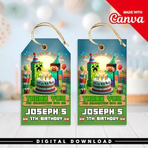 Minecrafter Thank You Tag, Minecrafter Birthday Gift Tag, Editable Minecrafter Favor Tag, Minecrafter Birthday, Minecrafter Party Tag, Canva