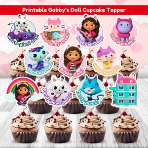 Adornos para cupcakes de la casa de muñecas de Gabby, adornos editables para tartas de la muñeca de Gabby, decoración imprimible para fiestas de casa de muñecas, decoración para tarta de cumpleaños de Gabby como recuerdo de fiesta