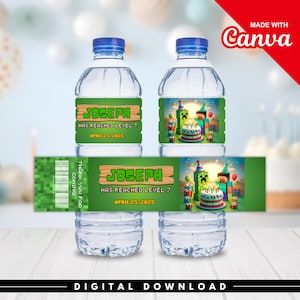 Editable Minecrafter Water Bottle Label Printable Template DIY Personalized Bottle Label Minecrafter Birthday Instant Download Digital File