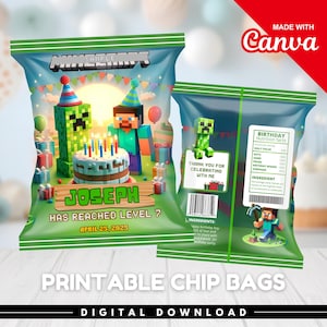 Minecrafter Chip Bag Template, Party Labels, Chip Bag Label, Printable, Minecrafter Party Favor, Minecrafter Custom Snacks, Digital File