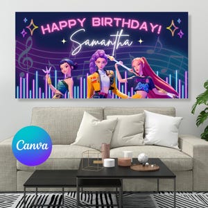 May include: A banner with the text "HAPPY BIRTHDAY! Samantha" in neon pink and white, featuring three animated figures. The background is dark blue with musical notes and vertical lines. The Canva logo is in the bottom left.