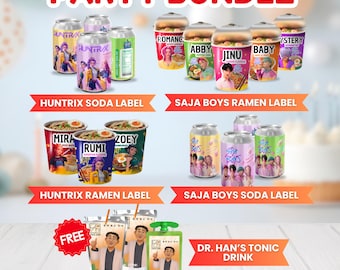 Kpop Demon Hunter Party Bundle: Demon Hunters Cup Noodles Ramen Label, Saja Boys Soda Pop Can Label, Dr. Han's Tonic Drink, Party Printables