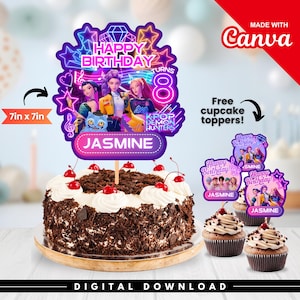Peut inclure: Un gâteau d'anniversaire avec un décor de gâteau qui dit "Happy Birthday" et "Jasmine". Le décor de gâteau présente un thème K-Pop avec le texte "K-Pop Demon Hunters". Le gâteau est accompagné de cupcakes avec des décorations assorties. Le décor de gâteau mesure 17.78cm x 17.78cm.