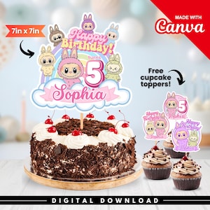 Labubu Cake Topper, Editable Labubu Birthday Topper, Cute Labubu Cupcake Topper, Labubu Monster Party Decor, Labubu Birthday Decor, Canva