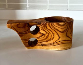 Handmade Olive Wood Kuksa Cup: Nordic Hiking Mug with Leather Strap