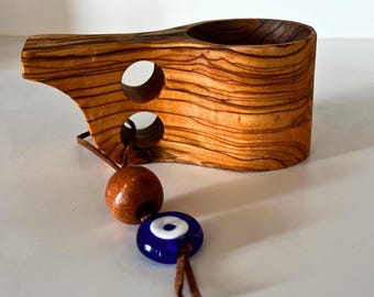 Handmade Olive Wood Kuksa Cup: Nordic Hiking Mug with Leather Strap