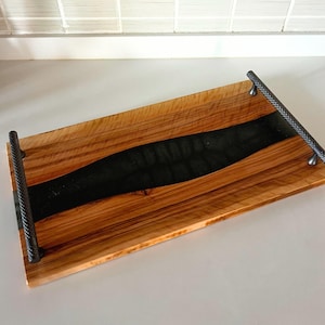 Handmade Olive Wood & Resin Serving Tray: Rustic Charcuterie Board with Metal Handles