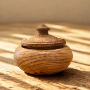 Handmade Olive Wood Jar with Lid – Rustic Kitchen Storage Bowl – Natural Wood Lidded Container