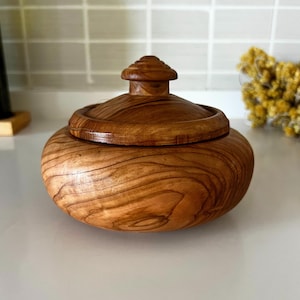 Handmade Olive Wood Jar with Lid – Rustic Kitchen Storage Bowl – Natural Wood Lidded Container
