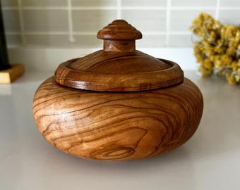 Handmade Olive Wood Jar with Lid – Rustic Kitchen Storage Bowl – Natural Wood Lidded Container