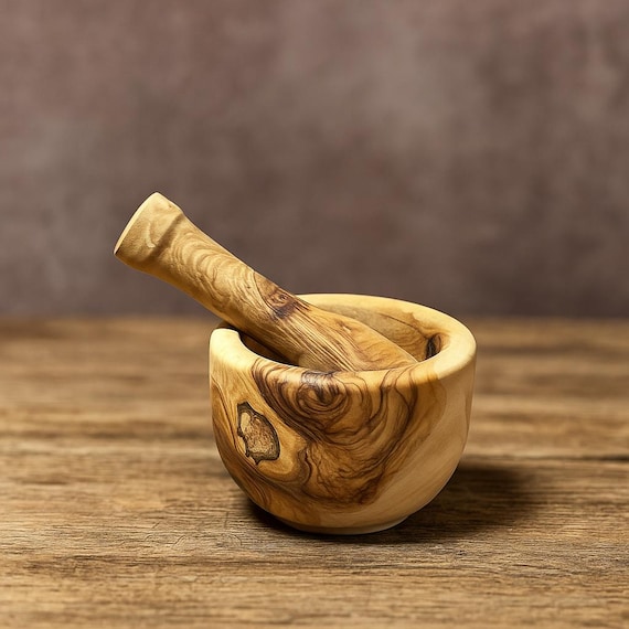 Handmade Olive Wood Mortar and Pestle – Rustic Natural Spice Grinder