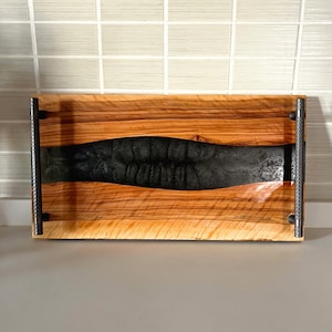 Handmade Olive Wood & Resin Serving Tray: Rustic Charcuterie Board with Metal Handles