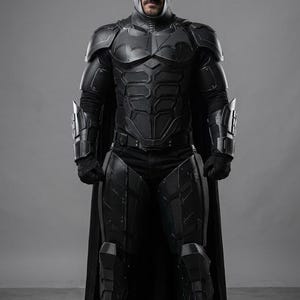 Puede incluir: Un disfraz de Batman negro con capucha, armadura pectoral y capa. El disfraz presenta un diseño detallado con paneles segmentados y elementos blindados. La figura está de pie sobre un fondo gris.
