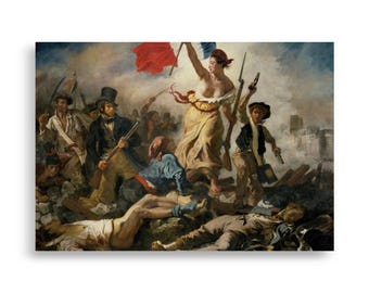 May include: A print of the famous painting "Liberty Leading the People" by Eugène Delacroix. The artwork depicts a woman holding the French flag, leading a crowd of people over the bodies of the fallen. The color palette includes reds, blues, and browns.