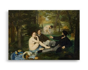 May include: A print of Édouard Manet's "Le Déjeuner sur l'herbe" (Luncheon on the Grass). The artwork depicts a picnic scene with three men and a nude woman in a forest setting. A second woman is bathing in the background.