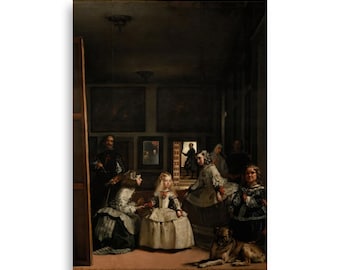 May include: A painting depicting a group of people in a room with a large window. The people are dressed in 17th-century clothing and are standing or sitting in various poses. There is a dog in the foreground of the painting.