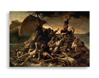 May include: A print of a dramatic painting depicting a raft at sea, with numerous figures in various states of distress. The artwork features a dark, stormy sky and rough water, with a tattered sail visible.