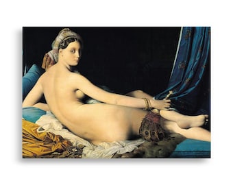 May include: A classical painting of a nude figure reclining on a bed. The figure is fair-skinned with a headscarf and gold jewelry. The bed has blue and gold pillows and a blue curtain in the background.