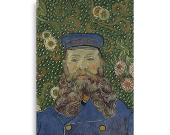 May include: A painting of a man with a thick beard wearing a blue uniform with the word "POSTES" on his hat. The background is a green and white floral pattern.