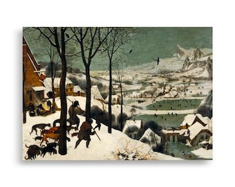 May include: A print of a winter landscape scene featuring hunters with dogs, a village, and snow-covered mountains. The artwork depicts figures in the foreground and a distant village with people ice skating. The color palette includes browns, whites, and blues.