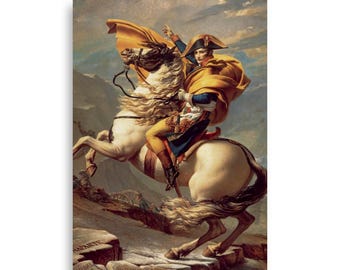 May include: A painting of Napoleon Bonaparte on horseback, riding through a mountainous landscape. He is wearing a yellow and blue uniform and a bicorne hat. The horse is white with a long, flowing mane and tail. The painting is set against a backdrop of snow-capped mountains and a cloudy sky.