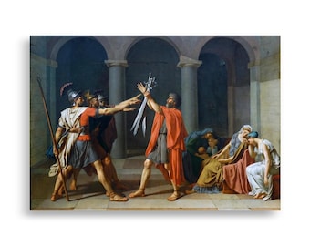 May include: A print of a classical painting depicting a dramatic scene. Figures in Roman attire are engaged in a conflict, with swords raised. The color palette includes reds, whites, and blues, set against a backdrop of columns and arches.