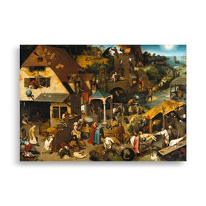 Könnte beinhalten: Ein gerahmter Druck eines detaillierten, historischen Gemäldes, das eine Dorfszene mit zahlreichen Figuren zeigt, die verschiedenen Aktivitäten nachgehen. Das Kunstwerk weist eine warme Farbpalette mit Erdtönen und eine detaillierte Darstellung von Gebäuden auf.