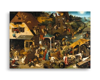 Puede incluir: Una impresión enmarcada de una pintura histórica detallada que representa una escena de pueblo con numerosas figuras involucradas en diversas actividades. La obra de arte presenta una paleta de colores cálidos con tonos terrosos y una representación detallada.
