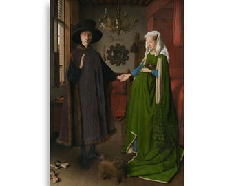 May include: A painting depicting a couple in a room. The man is wearing a dark robe and a hat. The woman is wearing a green dress and a white head covering. A small dog is in the foreground.
