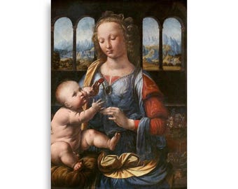 May include: A painting of the Virgin Mary holding a baby Jesus. The Virgin Mary is wearing a blue and red robe and a gold crown. The baby Jesus is reaching for a red flower. The painting is set against a background of a window with a view of a landscape.