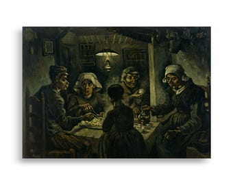 May include: A print of Vincent van Gogh's "The Potato Eaters" depicts a family gathered around a table. The painting features a dark, muted color palette with figures illuminated by a central light source. The scene evokes a sense of intimacy and rural life.
