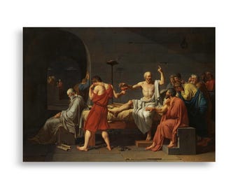 May include: A framed print of a classical painting depicting a scene with several figures in a dimly lit room. The central figure, an older man, reclines on a bed, surrounded by others in various states of distress and contemplation. The artwork features muted tones.