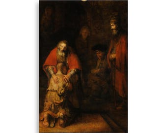 May include: A painting depicting a scene of forgiveness. A man in a red robe embraces a kneeling man in a brown robe. Two other figures stand in the background.