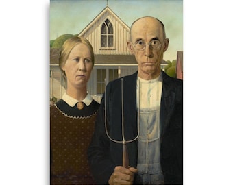 May include: A painting of a couple standing in front of a house. The man is wearing a blue jacket and overalls, and he is holding a pitchfork. The woman is wearing a brown dress and a white collar. The house is white with a brown roof and a small window.