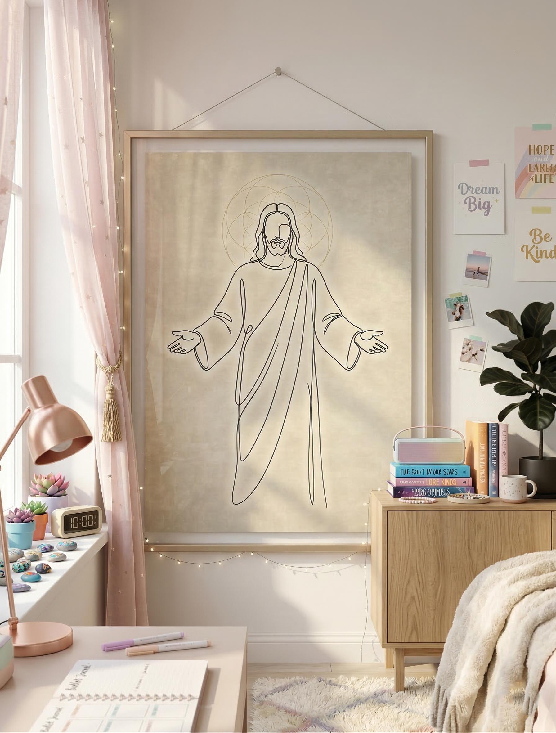 Minimalist Jesus Line Art Print, Christian Wall Decor, Sacred Geometric ...