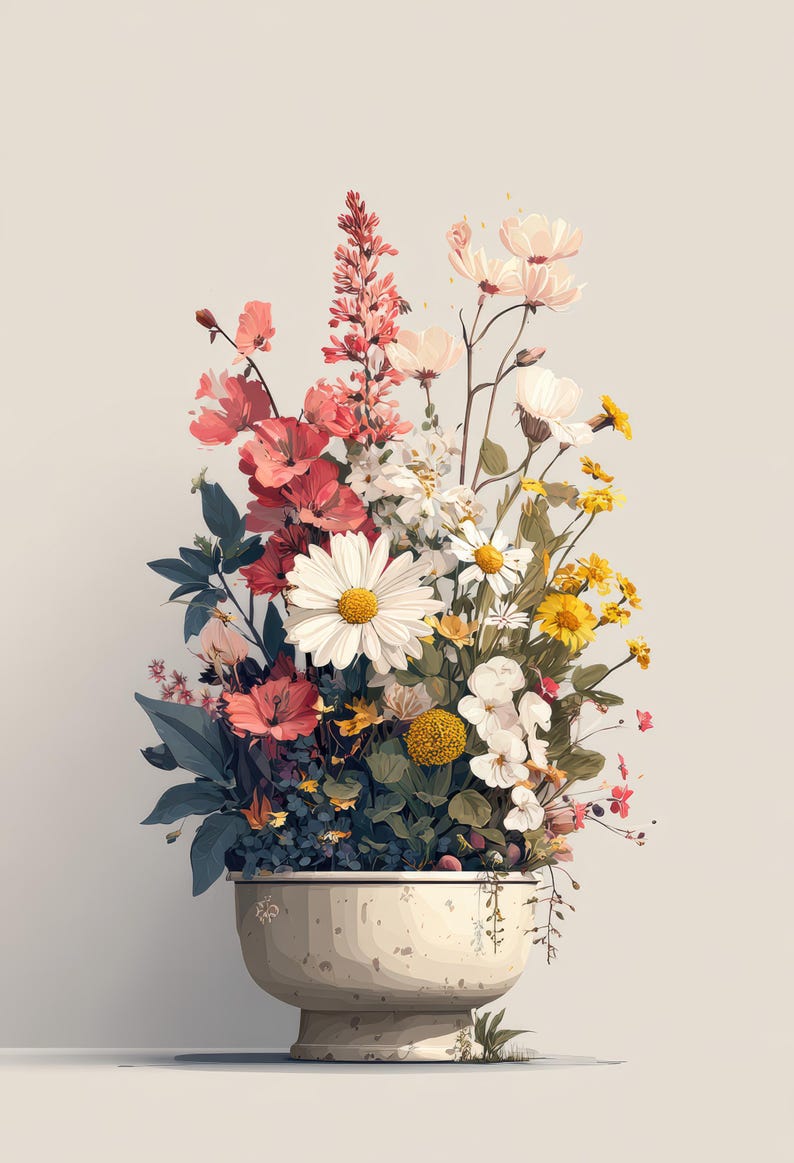 Set of 4 Vintage Floral Bouquet Wall Art - Botanical Flower Pot ...