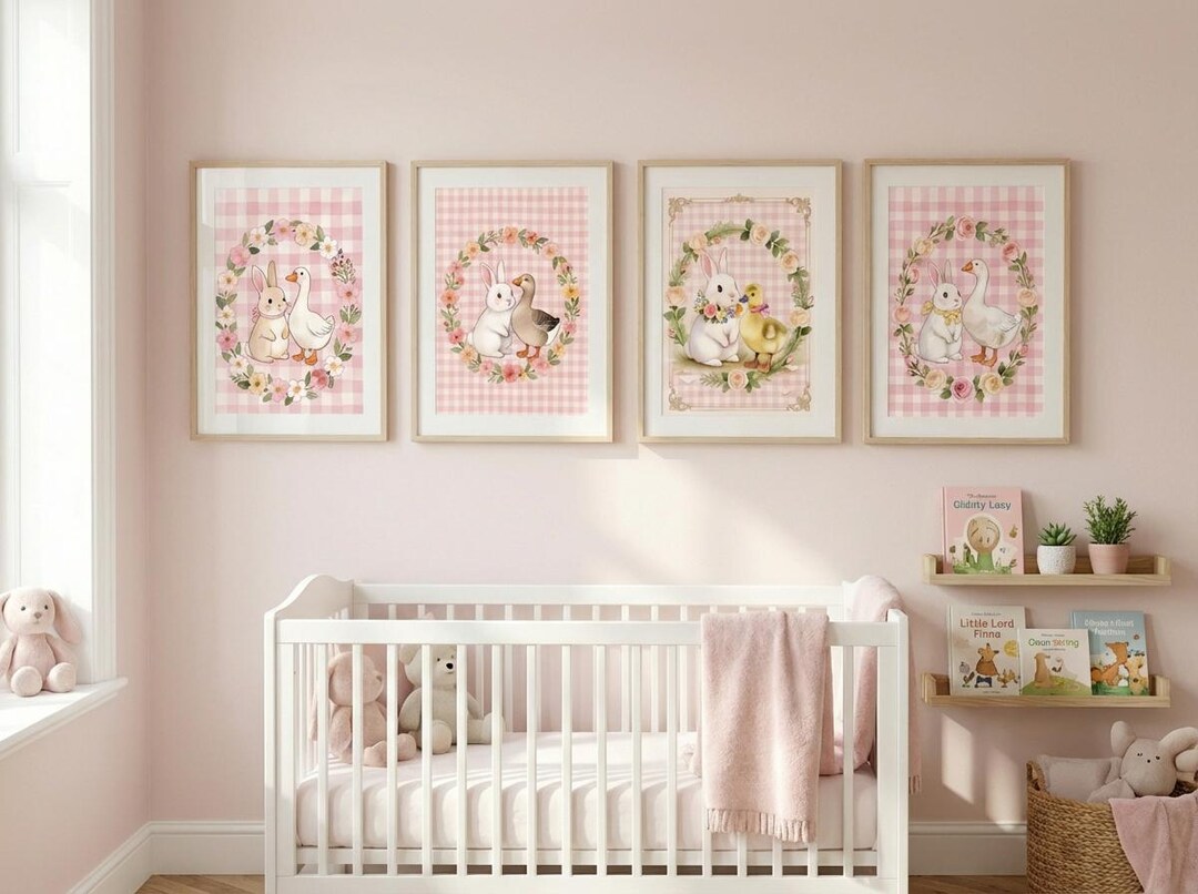 Pink Gingham Bunny and Duck Nursery Wall Art Set of 4, Floral Rabbit ...