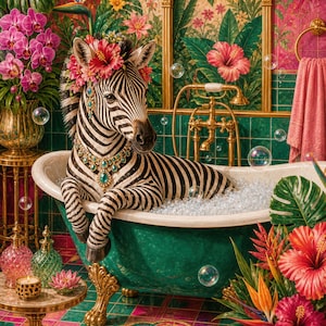 Zebra bath printable,  Bathtub Print, Tropical Maximalist Bathroom Wall Art (Digital Download)