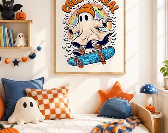 ハロウィンのスケートボードゴーストプリント「Creep It Real」 – 面白い不気味なウォールアート | レインボースケーターゴーストのデジタルダウンロード