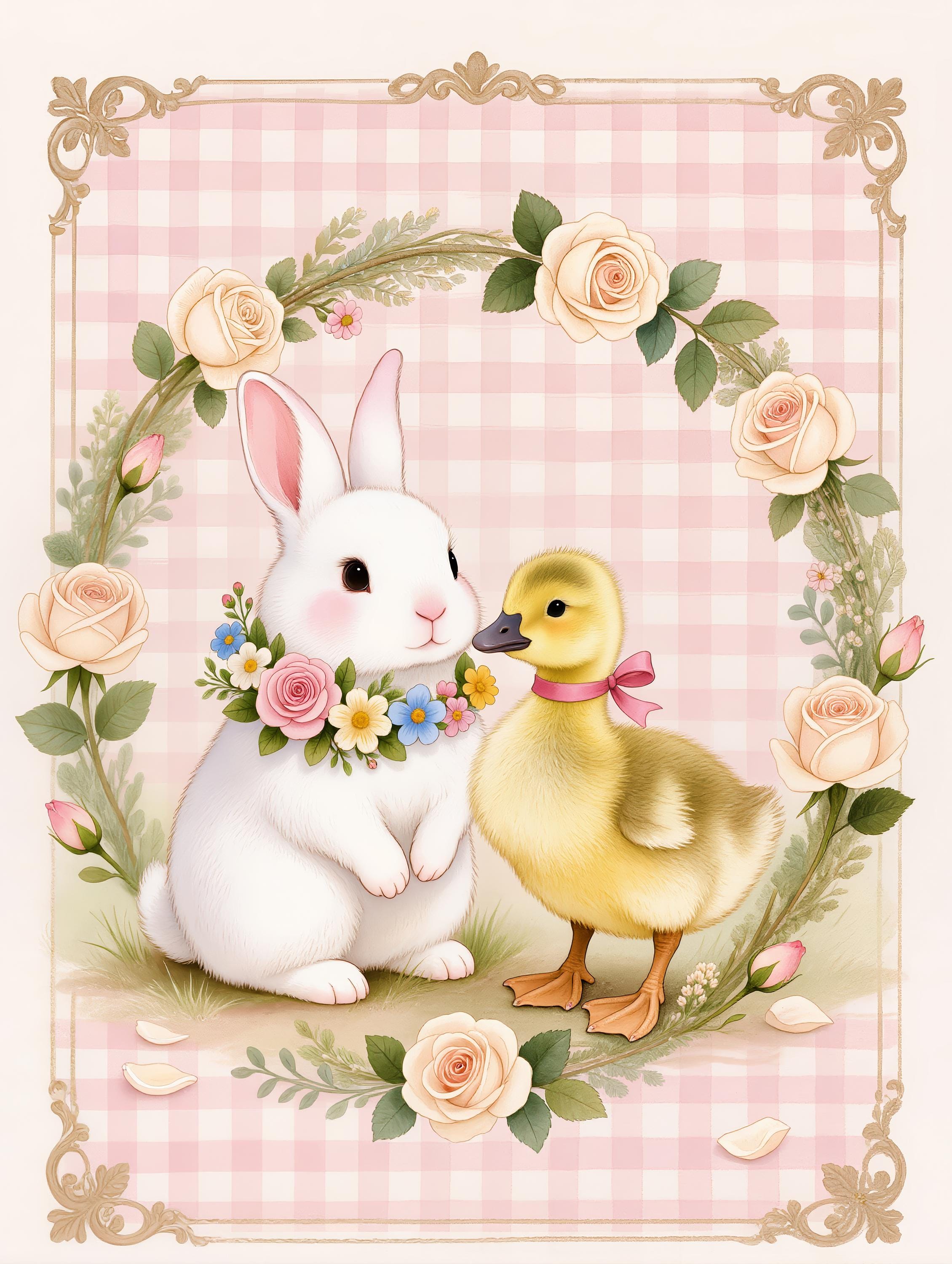 Pink Gingham Bunny and Duck Nursery Wall Art Set of 4, Floral Rabbit ...