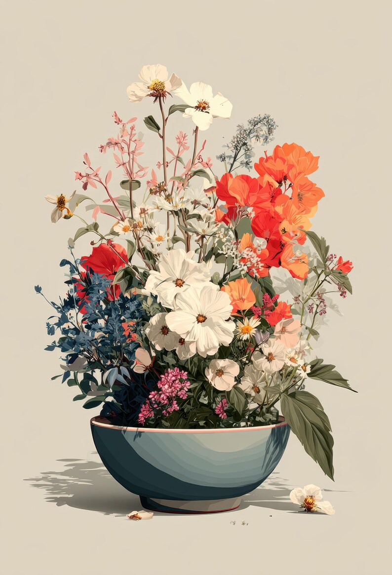 Set of 4 Vintage Floral Bouquet Wall Art - Botanical Flower Pot ...