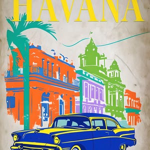 Vintage Havana Travel Poster | Retro Cuba Wall Art | Colorful Architecture & Classic Car Illustration | Digital Download