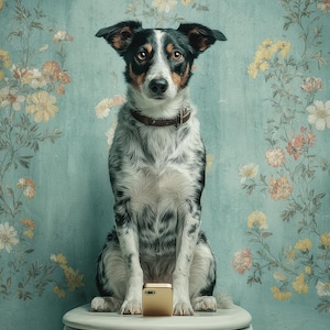 面白いバスルームの犬のアート - デジタルウォールプリント - トイレで携帯電話を持つ犬 - 風変わりなヴィンテージバスルームの装飾 - すぐにダウンロード