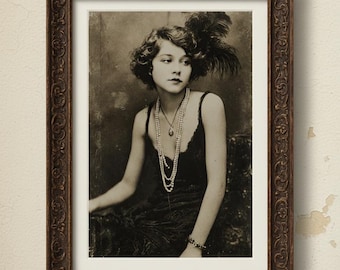Vintage 1920s Flapper Girl Digital Art Print – Roaring Twenties Inspired Wall Decor – Retro Glamour Sepia Portrait Poster for Home Decor