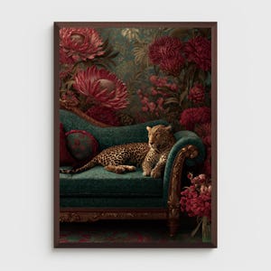 Luxury Jungle Leopard Wall Art Poster with Vintage Green Sofa and Floral Background for Eclectic Maximalist Home Decor